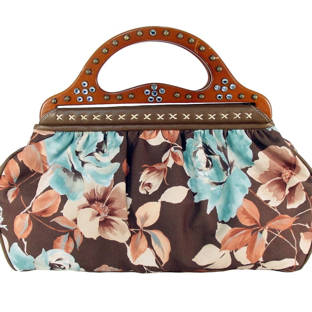 ISABELLA FIORE Beaded Floral Studded Crystals Wooden Handle Satchel Handbag - Picture 2 of 12